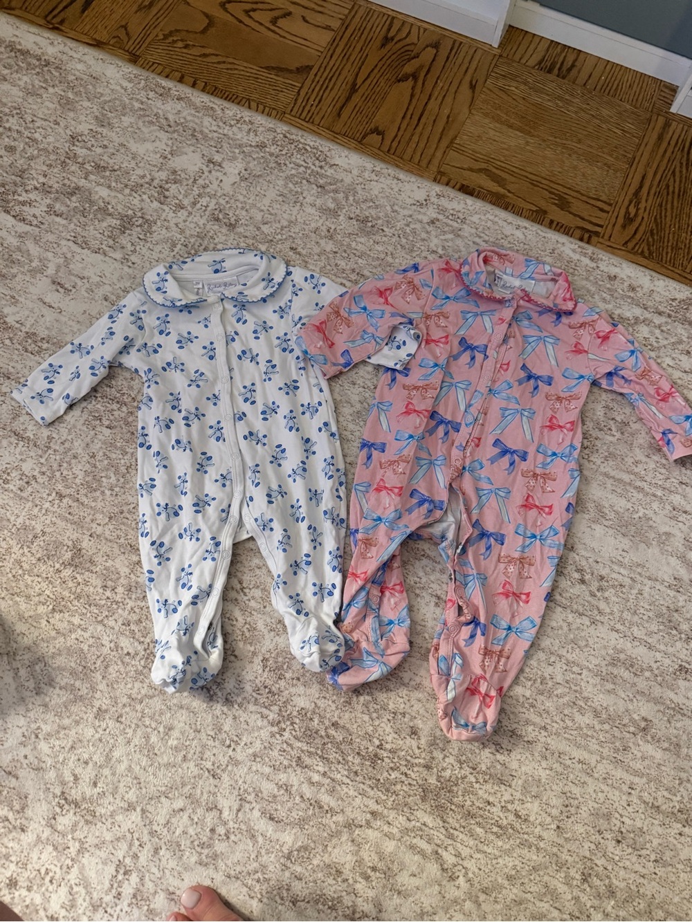 Rachel Riley Pink & White Bow and Floral Footed One-Pieces